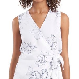Vince Camuto Floral Beauty Wrap Front Sleeveless Blouse in Ultra White